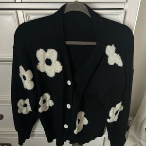 Cider Black Cardigan with Cream Floral Design